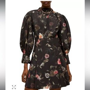 All Saints Luna Kaneshon Floral Pleat Long Sleeve Mock Neck Dress